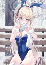 Rule 34 | 1girl, animal ears, bench, blonde hair, blue archive, blue eyes, blue hairband, blue leotard, blush, braid, breasts, cleavage, closed mouth, commentary request, cowboy shot, day, dot nose, double v, fake animal ears, forest, french braid, fringe trim, gluteal fold, hair intakes, hairband, halo, highleg, highleg leotard, highres, large breasts, legs apart, leotard, long bangs, looking at viewer, nature, official alternate costume, outdoors, paraffin, park bench, playboy bunny, rabbit ears, scarf, sidelocks, sitting, snow, snowing, solo, straight hair, thighhighs, toki (blue archive), toki (bunny) (blue archive), tree, v, white scarf, white thighhighs, white wrist cuffs, winter, wrist cuffs