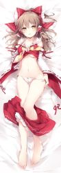 Rule 34 | 1girl, arm ribbon, bare legs, bare shoulders, barefoot, bed sheet, blush, bow, breasts, brown hair, clothes pull, collarbone, commentary request, detached sleeves, frilled shirt collar, frills, full body, groin, hair bow, hair tubes, hakurei reimu, half updo, lifting own clothes, long hair, long sleeves, looking at viewer, lying, medium breasts, miniskirt, mochizuki shiina, navel, on back, panties, panty pull, parted lips, petticoat, pulling own clothes, red bow, red ribbon, ribbon, ribbon-trimmed sleeves, ribbon trim, sidelocks, skirt, skirt pull, smile, solo, stomach, thighs, touhou, underboob, underwear, white panties, wide sleeves, yellow bow, yellow eyes