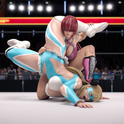 Rule 34 | 3d, breasts, covered eyes, crowd, gcb, hair over eyes, joint lock, large breasts, long hair, open mouth, pink footwear, pursed lips, rainbow mika, ryona, shermie (kof), sitting, sitting on head, sitting on person, street fighter, street fighter v, submission hold, the king of fighters, the king of fighters xv, white footwear, wrestling, wrestling mask, wrestling outfit, wrestling ring