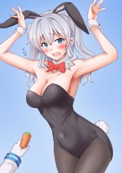 2girls animal_ears anti_(untea9) bare_shoulders black_leotard black_pantyhose blue_background blush bow bowtie breasts cleavage covered_navel detached_collar embarrassed etorofu_(kancolle) fake_animal_ears highres kantai_collection kashima_(kancolle) large_breasts leotard long_hair long_sleeves looking_at_viewer multiple_girls out_of_frame pantyhose playboy_bunny rabbit_ears rabbit_tail strapless strapless_leotard tail traditional_bowtie white_wrist_cuffs wrist_cuffs