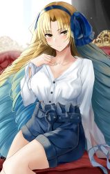 Rule 34 | 1girl, astraea (fate), belt, big hair, blonde hair, blue hair, blue skirt, blush, bow, breasts, buttons, cleavage, drill hair, fate/grand order, fate (series), gradient hair, hair bow, hairband, hand on own chest, high-waist skirt, highres, large breasts, long hair, long sleeves, looking at viewer, multicolored hair, nicky w, parted bangs, shirt, sitting, skirt, solo, thighs, very long hair, white shirt, yellow eyes