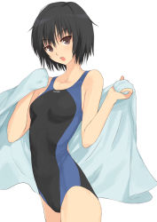 Rule 34 | 1girl, amagami, black hair, brown eyes, competition swimsuit, kusaka souji, nanasaki ai, one-piece swimsuit, open mouth, short hair, solo, swimsuit, towel