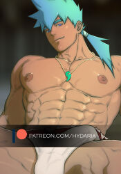 Rule 34 | 1boy, abs, alternate muscle size, bara, blonde hair, blue hair, breath of fire, breath of fire iv, briefs, bulge, cowboy shot, dark-skinned male, dark skin, erection, erection under clothes, hydaria, jewelry, large pectorals, looking at viewer, magatama, magatama necklace, male focus, male underwear, muscular, muscular male, navel, necklace, nipples, paid reward available, pectorals, ryuu (breath of fire iv), seductive smile, short ponytail, sitting, smile, solo, stomach, topless male, underwear, watermark
