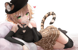 Rule 34 | 1girl, animal ears, bare shoulders, black choker, black hat, black sweater, black thighhighs, breasts, brown hair, brown skirt, choker, chrysa ( sa0ru), clothing cutout, commentary request, detached sleeves, ears through headwear, eating, facial mark, food, full body, green eyes, hair between eyes, hair ornament, hat, heart, heart cutout, highres, holding, holding food, large breasts, long sleeves, looking at viewer, lying, no shoes, on side, original, plaid, plaid skirt, short hair, skirt, sleeveless, sleeveless sweater, solo, sweater, tail, thighhighs, tiger ears, tiger girl, tiger tail, whisker markings, white background