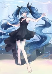 Rule 34 | 1girl, absurdres, animal, asymmetrical dress, barefoot, blue eyes, blue hair, blush, breasts, bubble, dress, fish, floating, frilled dress, frills, hair ornament, hatsune miku, highres, long hair, medium breasts, nagitofuu, ocean, open mouth, outstretched arms, sand, shinkai shoujo (vocaloid), sideboob, sleeveless, sleeveless dress, small breasts, smile, solo, twintails, underwater, very long hair, vocaloid, water