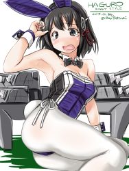 Rule 34 | 10s, 1girl, 2017, adapted costume, animal ears, armpits, bare shoulders, black hair, blush, bow, bowtie, breasts, brown eyes, cannon, character name, cleavage, dated, detached collar, fake animal ears, haguro (kancolle), haguro kai ni (kancolle), hair ornament, kantai collection, leotard, machinery, open mouth, pantyhose, playboy bunny, rabbit ears, rabbit tail, short hair, solo, tail, tatsumi ray, tears, turret, white pantyhose, wrist cuffs