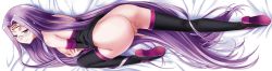 Rule 34 | 1girl, ass, bed, bottomless, breasts, dakimakura (medium), fate/stay night, fate (series), female focus, full body, glasses, long hair, looking at viewer, medusa (fate), medusa (rider) (fate), purple eyes, purple hair, sideboob, solo, square pupils, thighhighs, very long hair, white background
