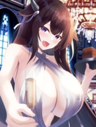 Rule 34 | 1girl, alcohol, azur lane, bare shoulders, blurry, blurry background, breasts, brown hair, cake, cake slice, champagne, champagne flute, chandelier, cleavage, collarbone, commission, cow girl, cow horns, criss-cross halter, cup, dress, drinking glass, food, hair ribbon, halter dress, halterneck, highres, holding, holding tray, horns, huge breasts, kashino (azur lane), long hair, open mouth, pixiv commission, purple eyes, ribbon, solo, tako-san wiener (takosanuma), tray, white ribbon, window