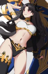 Rule 34 | 1girl, black hair, black ribbon, black thighhighs, breasts, earrings, fate/grand order, fate (series), hair ribbon, hand up, heavenly boat maanna, hoop earrings, ishtar (fate), jewelry, long hair, looking away, looking to the side, medium breasts, navel, open mouth, rain (nadroj31), red eyes, ribbon, single thighhigh, smile, solo, thighhighs, two side up