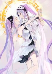Rule 34 | 2girls, bare shoulders, breasts, closed eyes, commentary request, dress, euryale (fate), euryale (third ascension) (fate), fate/grand order, fate (series), from side, hair ornament, hairband, highres, holding hands, lolita hairband, long dress, long hair, looking at another, multiple girls, purple eyes, purple hair, rocaca, short dress, siblings, sisters, small breasts, smile, stheno (fate), stheno (third ascension) (fate), twintails, very long hair, white dress