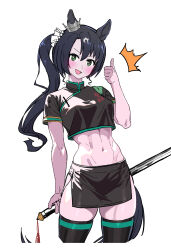 Rule 34 | 1girl, abs, animal ears, black hair, black shirt, black thighhighs, blush, breasts, commentary request, crop top, cropped shirt, ear ornament, green eyes, hair between eyes, highres, holding, holding sword, holding weapon, horse ears, horse girl, horse tail, long hair, looking at viewer, medium breasts, midriff, miniskirt, multicolored hair, navel, open mouth, ponytail, satono crown (umamusume), shirt, short sleeves, simple background, skirt, smile, solo, streaked hair, sword, tail, thighhighs, thighs, thumbs up, umamusume, v-shaped eyebrows, weapon, white background, white hair, yaki apple