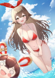 Rule 34 | 1girl, :d, absurdres, alternate breast size, alternate costume, amber (genshin impact), bare arms, bare shoulders, baron bunny (genshin impact), bikini, blue sky, blurry, blurry foreground, blush, bow hairband, breasts, brown hair, cleavage, cloud, crossed bangs, from below, genshin impact, hair flaps, hairband, halterneck, highres, large breasts, long hair, looking at viewer, open mouth, outdoors, red bikini, side-tie bikini bottom, sky, smile, solo, swimsuit, thighs, uka (315302627), wading, water, water drop