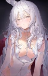 Rule 34 | 1girl, absurdres, animal ear fluff, animal ears, azur lane, bare shoulders, blue eyes, braid, breasts, choker, clothing cutout, freng, highres, le malin (azur lane), le malin (listless lapin) (azur lane), leotard, long hair, looking at viewer, official alternate costume, parted lips, rabbit ears, revealing clothes, side cutout, small breasts, solo, twin braids, twintails, upper body, white choker, white hair, white leotard