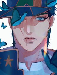 Rule 34 | 1boy, 486 pi, black hair, blue butterfly, blue eyes, bug, butterfly, close-up, coat, hat, highres, insect, jojo no kimyou na bouken, kuujou joutarou, long eyelashes, looking at viewer, scar, scar on face, solo, stone ocean
