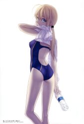 Rule 34 | 1girl, absurdres, artoria pendragon (all), artoria pendragon (fate), blonde hair, bottle, competition swimsuit, fate/zero, fate (series), from behind, green eyes, hair tie, highres, holding, looking back, official alternate costume, one-piece swimsuit, ponytail, saber (fate), saber (summer battle clothes) (fate), simple background, solo, swimsuit, takeuchi takashi, towel