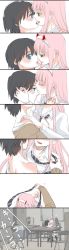 Rule 34 | 10s, 1boy, 1girl, black hair, blue eyes, collared shirt, comic, commentary request, couple, darling in the franxx, face-to-face, facing another, finger to mouth, forehead-to-forehead, green eyes, hair ornament, hairband, hand on another&#039;s face, hand on another&#039;s shoulder, heads together, hetero, highres, hiro (darling in the franxx), horns, long hair, looking at another, necktie, oni horns, pink hair, red horns, sakuragouti, school uniform, shirt, short hair, speech bubble, striped neckwear, translation request, white hairband, white shirt, wing collar, zero two (darling in the franxx)