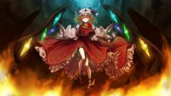 Rule 34 | 1girl, adapted costume, blonde hair, chain, fire, flandre scarlet, flower, frilled skirt, frills, full body, glowing, glowing eyes, glowing wings, hat, highres, kaiu re, long sleeves, looking at viewer, medium hair, mob cap, multicolored wings, open mouth, rainbow order, rainbow wings, red eyes, red flower, red rose, red skirt, red vest, rose, shirt, skirt, skirt set, solo, touhou, vest, white hat, white shirt, wings