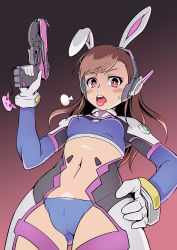 Rule 34 | 1girl, animal ears, blush, brown hair, d.va (overwatch), facial mark, gun, hand on own hip, headphones, highres, long hair, looking at viewer, midriff, navel, open mouth, overwatch, overwatch 1, rabbit ears, rke, solo, stomach, sweat, sweatdrop, tongue, tongue out, weapon