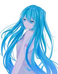 Rule 34 | 1girl, blue eyes, blue hair, blue necktie, closed mouth, collared shirt, floating hair, from side, grey shirt, hair between eyes, hatsune miku, highres, katorea, long hair, necktie, shirt, simple background, sleeveless, sleeveless shirt, solo, standing, twintails, upper body, very long hair, vocaloid, white background, wing collar