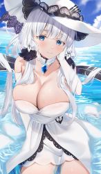 Rule 34 | 1girl, anchor ornament, arm at side, azur lane, bad id, bad pixiv id, bare shoulders, blue eyes, blue gemstone, blue sky, blunt bangs, blush, breasts, cleavage, closed mouth, collarbone, day, detached collar, dress, elbow gloves, gem, gloves, hat, highres, illustrious (azur lane), large breasts, long hair, looking at viewer, mole, mole under eye, ocean, outdoors, sg (satoumogumogu), silver hair, sitting, sky, solo, strapless, strapless dress, sun hat, very long hair, water, wet, wet clothes, wet dress, white dress, white gloves, white hat