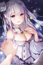 Rule 34 | 10s, 1girl, artist name, bare shoulders, breasts, cleavage, commentary request, crying, crying with eyes open, elf, emilia (re:zero), flower, gio (maroon0924), hair flower, hair ornament, hair ribbon, hand on own chest, has bad revision, holding hands, long hair, looking at viewer, md5 mismatch, medium breasts, open mouth, out of frame, pointy ears, pov, pov hands, purple eyes, re:zero kara hajimeru isekai seikatsu, resolution mismatch, ribbon, signature, silver hair, solo focus, source smaller, tears, upper body