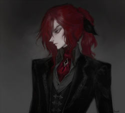 Rule 34 | 1boy, black jacket, brooch, brown background, formal, hair over one eye, jacket, jewelry, male focus, nat the lich, original, pointy nose, ponytail, red eyes, red hair, renard beauchene (nat the lich), signature, solo, suit, upper body