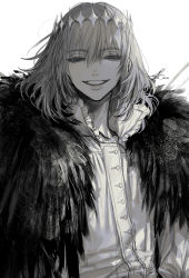 Rule 34 | 1boy, au (d elete), buttons, cape, coat, crown, evil smile, fate/grand order, fate (series), fur-trimmed cape, fur-trimmed coat, fur trim, greyscale, half-closed eyes, highres, looking at viewer, male focus, medium hair, monochrome, oberon (fate), oberon (third ascension) (fate), shirt, smile, solo, spoilers, spot color, upper body