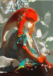Rule 34 | 1girl, bird, blurry, champion&#039;s tunic (zelda), colored skin, depth of field, fish girl, gem, head tail, headdress, highres, holding, holding polearm, holding weapon, jewelry, mipha, monster girl, multicolored skin, necklace, nintendo, no eyebrows, orange eyes, polearm, red lips, red skin, redum4, smile, solo, spear, the legend of zelda, the legend of zelda: breath of the wild, weapon, zora
