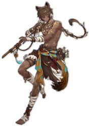 Rule 34 | 1boy, abs, ahoge, animal ears, arm markings, arrow (projectile), artist request, bandaged arm, bandaged leg, bandages, blowgun, brown hair, dark-skinned male, dark skin, feather hair ornament, feathers, hair ornament, highres, holding, holding weapon, jewelry, knife, long braid, mahjong soul, male focus, musa (mahjong soul), necklace, official art, red eyes, ring, solo, tachi-e, tail, third-party source, topless male, transparent background, weapon