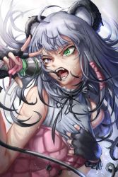 Rule 34 | 1girl, absurdres, animal ears, black gloves, breasts, commentary, cyberlive, english commentary, fingerless gloves, floating hair, gloves, green eyes, grey background, grey hair, hand on own chest, heterochromia, highres, holding, holding microphone, lunarisbloom, medium breasts, medium hair, microphone, music, open mouth, panda ears, panda girl, purple eyes, singing, solo, sweat, utano pandora, v, v-shaped eyebrows, virtual youtuber
