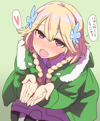 Rule 34 | 1girl, blonde hair, blush, braid, dress, fang, flower, from above, green background, green jacket, hair flower, hair ornament, heart, highres, jacket, long hair, long sleeves, looking at viewer, misono chiaya, open mouth, oral invitation, own hands together, purple dress, purple eyes, simple background, solo, speech bubble, spoken heart, squatting, sumiyao (amam), the rolling girls, translation request, twin braids