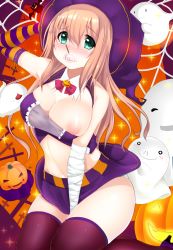 Rule 34 | 1girl, bandages, bat (animal), blush, bow, bowtie, breast slip, breasts, candy, cleavage, clothes lift, cross, detached collar, elbow gloves, food, full-face blush, ghost, gloves, green eyes, halloween, hand on headwear, hat, high heels, highres, jack-o&#039;-lantern, large breasts, lollipop, midriff, mouth hold, navel, nipple slip, nipples, one breast out, original, panties, puffy nipples, silk, skirt, skirt lift, solo focus, spider web, striped clothes, striped gloves, striped panties, taut clothes, thighhighs, tongue, tongue out, underwear, witch, witch hat, yuna (spn28u79)