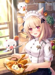 Rule 34 | 1girl, :d, animal ears, apple, bad id, bad pixiv id, basket, blonde hair, blush stickers, bread, carrying, cat ears, commentary request, day, facial mark, final fantasy, final fantasy xiv, food, fruit, highres, indoors, knife, light particles, looking at viewer, maid headdress, medium hair, miqo&#039;te, moogle, open mouth, red eyes, shelf, smile, solo, tiphereth, window