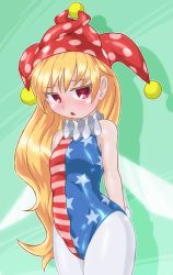 Rule 34 | 1girl, adapted costume, american flag, arms behind back, bare arms, bare shoulders, blonde hair, blush, clownpiece, commentary request, cowboy shot, fairy wings, green background, hat, jester cap, leotard, long hair, looking at viewer, neck ruff, pantyhose, polka dot, red hat, solo, star (symbol), star print, striped, touhou, very long hair, white pantyhose, wings, winn