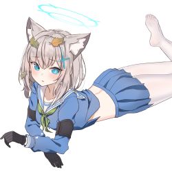 Rule 34 | 1girl, absurdres, animal ear fluff, animal ears, armband, black gloves, blue archive, blue eyes, blue shirt, blue skirt, blush, breasts, cat ears, cosplay, earrings, gloves, goyain, green neckerchief, grey hair, halo, highres, jewelry, leaf, leaf on head, long hair, looking at viewer, lying, mismatched pupils, miyu (blue archive), miyu (blue archive) (cosplay), neckerchief, on stomach, pantyhose, parted lips, pleated skirt, raised eyebrows, sailor collar, shiroko (blue archive), shirt, simple background, skirt, small breasts, solo, stud earrings, white background, white pantyhose