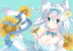 Rule 34 | 1girl, absurdres, ahoge, animal ear fluff, animal ears, aqua eyes, blue background, blush, bow, bowtie, breasts, cat ears, cat girl, cat tail, chestnut mouth, cleavage, collarbone, detached collar, dress, flower, food, fruit, hair between eyes, hair bow, hair flower, hair ornament, highres, holding, holding food, large breasts, lemon, long hair, looking at viewer, nail polish, off shoulder, original, popsicle, ribbon, satsuki mayuri, silver hair, simple background, solo, striped clothes, striped dress, sunflower, tail, tail ornament, tail ribbon, upper body, vertical-striped clothes, vertical-striped dress, wing collar