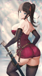 Rule 34 | 1girl, ass, back, bare shoulders, belt, black gloves, black hair, black thighhighs, blue eyes, breasts, dress, elbow gloves, from behind, gloves, grin, highres, large breasts, long hair, looking at viewer, looking back, matsumoto mitsuaki, microdress, original, red dress, ribbed dress, sheath, sheathed, shoulder blades, side ponytail, sidelocks, skindentation, sleeveless, sleeveless dress, smile, solo, standing, strapless, strapless dress, sword, thighhighs, thighs, weapon, zettai ryouiki