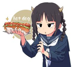 Rule 34 | 1girl, black eyes, black hair, blue sailor collar, braid, character request, copyright request, dot nose, female focus, food, highres, holding, holding food, horns, hot dog, jitome, ketchup, lettuce, mustard, outline, roku no hito, sailor collar, school uniform, solo, twin braids, white neckwear, white outline