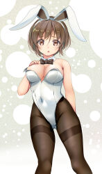 Rule 34 | 1girl, adapted costume, animal ears, blush, bow, bowtie, breasts, brown eyes, brown hair, brown pantyhose, covered navel, cowboy shot, detached collar, fake animal ears, gluteal fold, gradient background, grey background, highres, kantai collection, leotard, looking at viewer, medium breasts, natori (kancolle), open mouth, pantyhose, playboy bunny, rabbit ears, solo, strapless, strapless leotard, traditional bowtie, white leotard, wrist cuffs, yashin (yasinz)