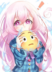 Rule 34 | !, 1girl, ametama (runarunaruta5656), blush, bow, bowtie, bright pupils, buttons, circle, covered mouth, emoji, hair between eyes, hata no kokoro, heart, heart hair, highres, holding, holding mask, long hair, long sleeves, looking at viewer, mask, pink eyes, pink hair, plaid, plaid shirt, purple bow, purple bowtie, red ribbon, ribbon, shirt, simple background, solo, star (symbol), touhou, triangle, upper body, white background, white pupils