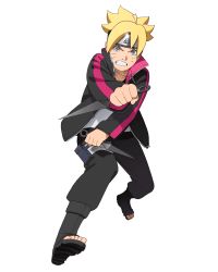 Rule 34 | 1boy, blonde hair, boruto: the movie, child, dual wielding, forehead protector, full body, grey eyes, high collar, holding, jacket, jewelry, kunai, looking at viewer, male focus, naruto, naruto (series), necklace, official art, open clothes, open jacket, simple background, solo, spiked hair, teeth, toeless legwear, toes, uzumaki boruto, weapon, whiskers