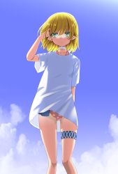 Rule 34 | 1girl, absurdres, alternate costume, arm behind back, bikini, bikini under clothes, blonde hair, blue sky, breasts, closed mouth, cloud, commentary request, day, feet out of frame, floral print, green eyes, hair between eyes, half updo, hand in own hair, highres, iwatobi hiro, looking to the side, medium breasts, mizuhashi parsee, pink bikini, pointy ears, shirt, short hair, short sleeves, sky, solo, swimsuit, thigh strap, touhou, white shirt