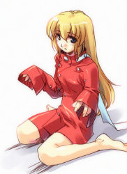 Rule 34 | 1girl, barefoot, blonde hair, blue eyes, colette brunel, cosplay, lloyd irving, lloyd irving (cosplay), long hair, lowres, naked shirt, red shirt, shirt, solo, tales of (series), tales of symphonia