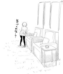 Rule 34 | 1girl, armchair, bad id, bad twitter id, braid, chair, commentary, cup, folding screen, from behind, girls und panzer, grass, greyscale, leaning back, loafers, miniskirt, monochrome, motion lines, orange pekoe (girls und panzer), outdoors, pantyhose, pillow, pleated skirt, saucer, school uniform, shoes, short hair, skirt, solo, table, teacup, translated, twin braids, yawaraka black