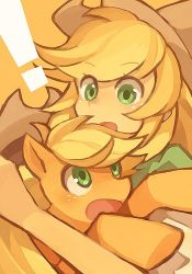 Rule 34 | !, 1girl, applejack, blonde hair, cowboy hat, dual persona, eye contact, freckles, green eyes, green shirt, hat, holding, looking at another, my little pony, my little pony: friendship is magic, open mouth, orange background, personification, pony (animal), shirt, simple background, source request, yow