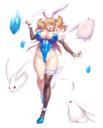 Rule 34 | 1girl, ahoge, animal ears, aoi nagisa (metalder), between breasts, black thighhighs, blonde hair, blue eyes, blue leotard, breasts, cleavage, clothing cutout, detached collar, elbow gloves, fake animal ears, full body, gloves, hair between eyes, hair ornament, happy, heart cutout, highleg, highleg leotard, highres, huge breasts, ice, jumping, leotard, lilith-soft, long hair, looking at viewer, navel, navel cutout, necktie, necktie between breasts, one eye closed, onizaki kirara, open mouth, parted lips, partially fingerless gloves, playboy bunny, rabbit, rabbit ears, rabbit tail, simple background, standing, strapless, strapless leotard, tail, taimanin (series), taimanin rpgx, teeth, thighhighs, thighs, thong leotard, twintails, two side up, upper teeth only, very long hair, white background, wink, wrist cuffs