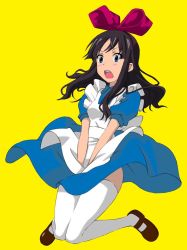 Rule 34 | 1girl, akiyama mio, alice (alice in wonderland), alice (alice in wonderland) (cosplay), alice in wonderland, black hair, blue dress, blue eyes, blush, bow, cosplay, covering privates, covering crotch, dress, dress tug, hair bow, k-on!, large bow, lemon tea, long hair, open mouth, round teeth, simple background, skirt, skirt tug, solo, teeth, thighhighs, wind, wind lift, yellow background
