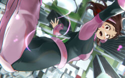 Rule 34 | 1girl, :d, absurdres, blue bodysuit, bodysuit, boku no hero academia, brown eyes, brown hair, building, city, day, falling, fengling (furin-jp), from above, highres, looking at viewer, midair, multicolored bodysuit, multicolored clothes, open mouth, outdoors, outstretched arms, pink bodysuit, short hair, sidelocks, smile, solo, superhero costume, uraraka ochako