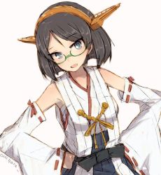 Rule 34 | 1girl, alchera, bad id, bad twitter id, black hair, boots, commentary request, cowboy shot, detached sleeves, glasses, green-framed eyewear, green eyes, hairband, hands on own hips, headgear, kantai collection, kirishima (kancolle), kirishima kai ni (kancolle), looking at viewer, nontraditional miko, ribbon-trimmed sleeves, ribbon trim, short hair, simple background, solo, thigh boots, thighhighs, white background