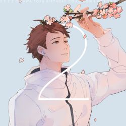 Rule 34 | 1boy, 2022, branch, brown eyes, brown hair, character name, cherry blossoms, dated, earbuds, earphones, english text, haikyuu!!, holding, holding branch, jacket, kyoii, long sleeves, male focus, oikawa tooru (haikyuu!!), parted lips, petals, shirt, short hair, solo, white jacket
